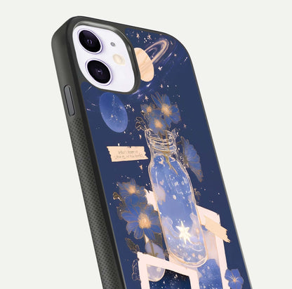 Starlit Cosmic Jar Glass Case for iPhone 11 close-up angled shot highlighting stars, reflections, and HD shine