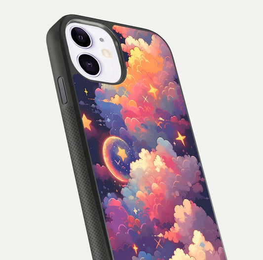 Starlit Dream Clouds Glass Case for iPhone 11 close-up angled shot highlighting cloud texture and reflection
