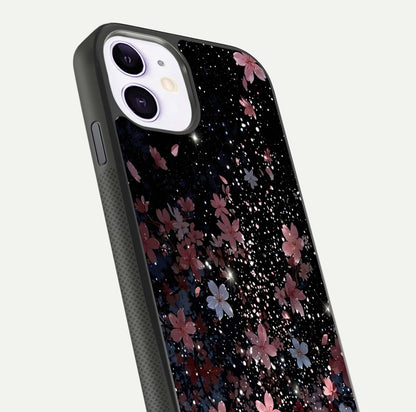 Starlit Flower Dreams Glass Case for iPhone 11 close-up angled shot highlighting petal reflection and HD depth