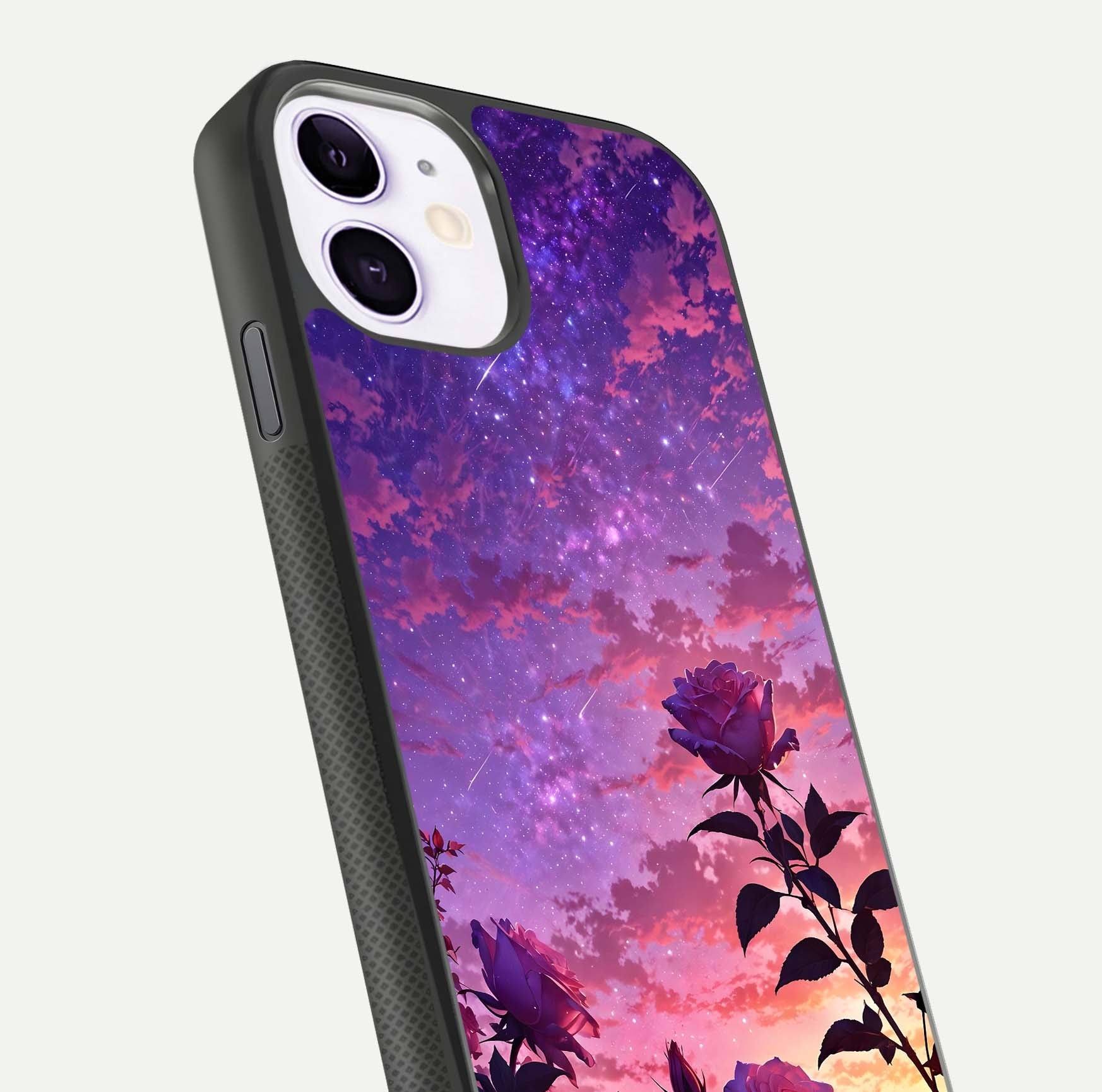 Starlit Rose Twilight Glass Case for iPhone 11 close-up angled shot highlighting rose detail and reflection
