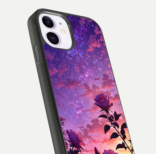 Starlit Rose Twilight Glass Case for iPhone 11 close-up angled shot highlighting rose detail and reflection