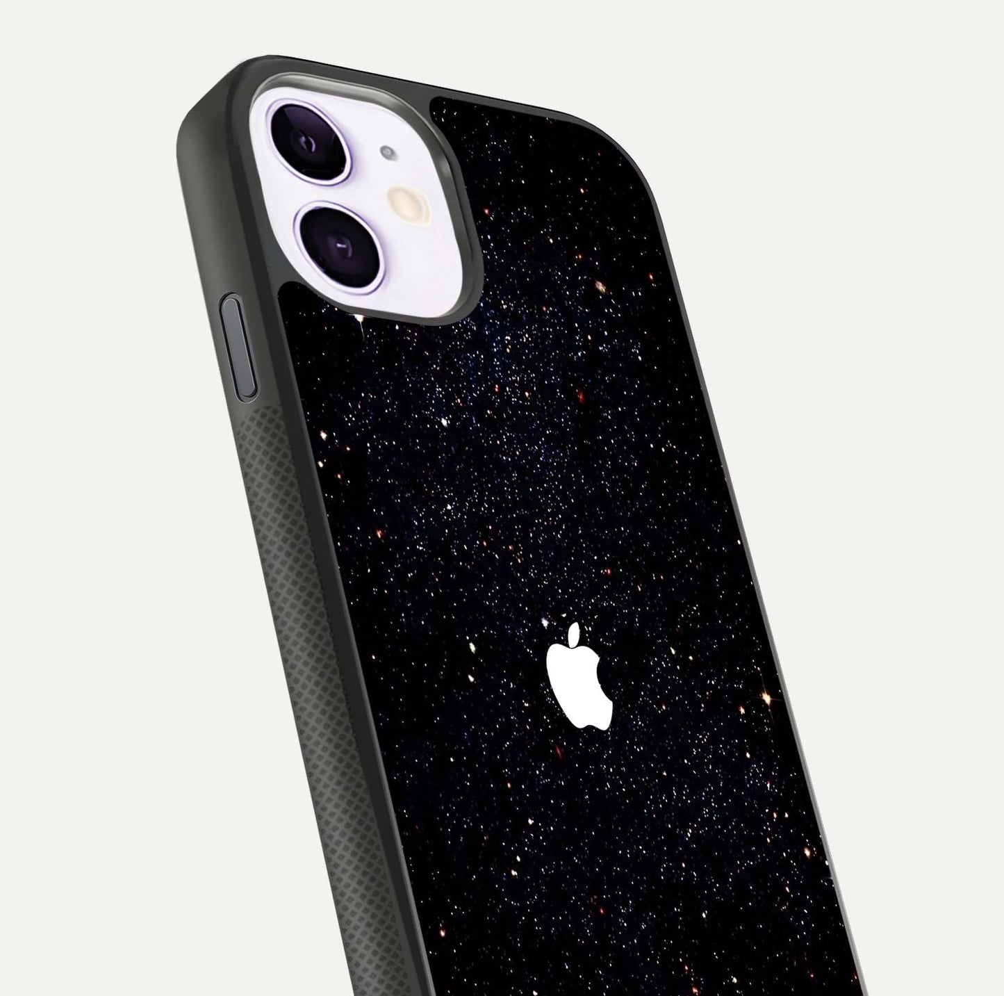 Starry Apple Galaxy Glass Case for iPhone 11 close-up angled shot highlighting star details and gloss
