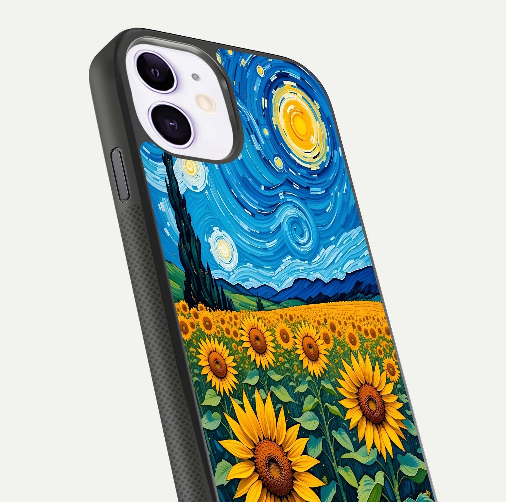 Starry Sunflower Dreams Glass Case for iPhone 11 close-up angled shot highlighting petal texture and gloss