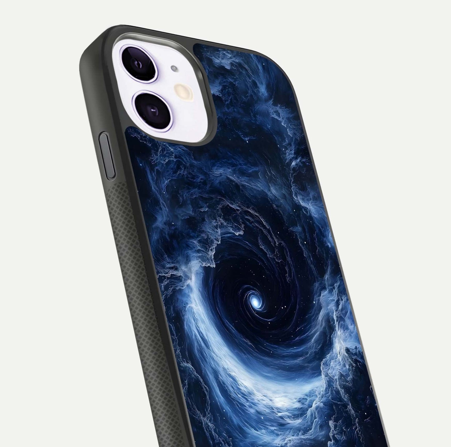 Stunning Galaxy Glass Case for iPhone 11 close-up angled shot highlighting nebula tones and HD reflection