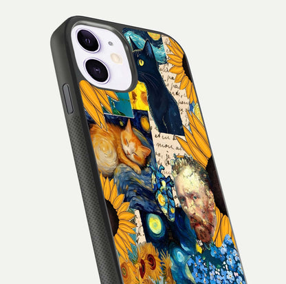 Sunflower Cat Art Glass Case for iPhone 11 close-up angled shot highlighting yellow tones and art reflection