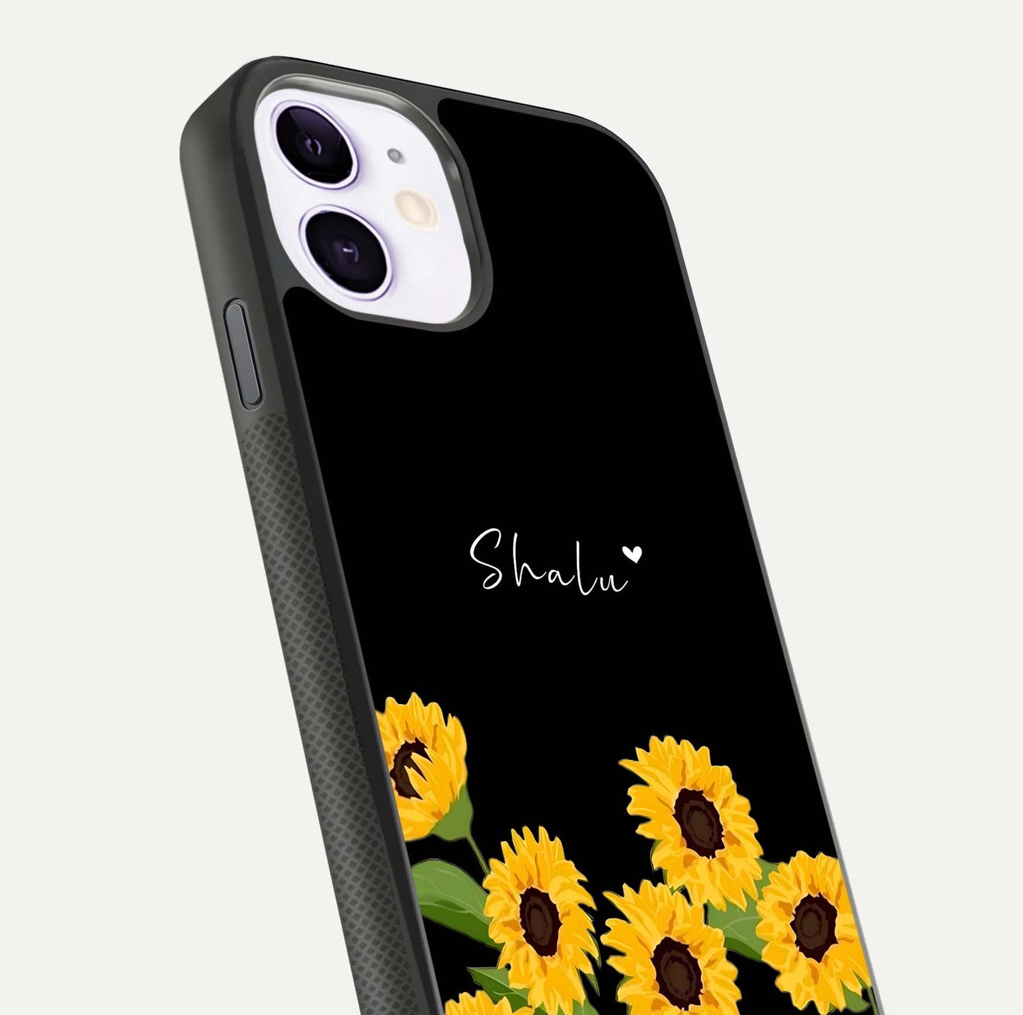 Sunflower Chic Mood Custom Name Glass Case for iPhone 16 Pro close-up angled shot showing HD sunflower pattern