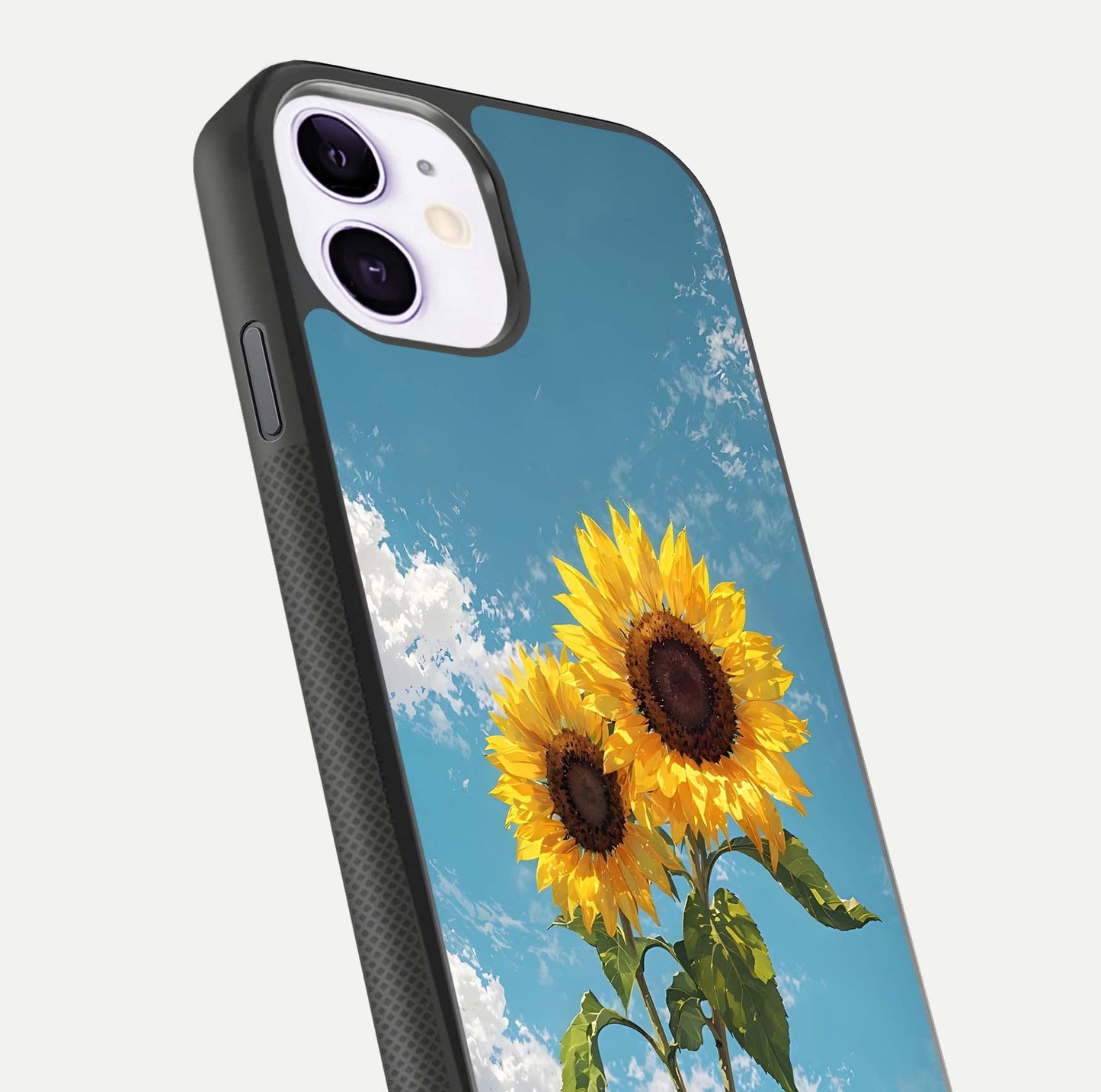 Sunflower Sky Bloom Glass Case for iPhone 11 close-up angled shot highlighting petal details and reflection