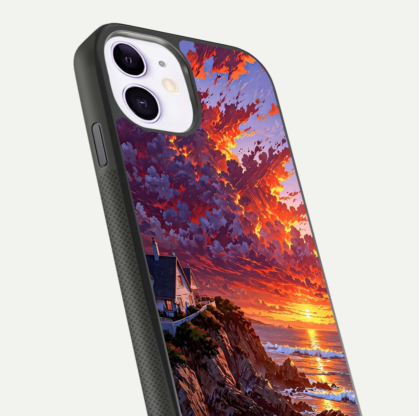 Sunset House by Sea Glass Case for iPhone 11 close-up angled shot highlighting sunset tones and water glow