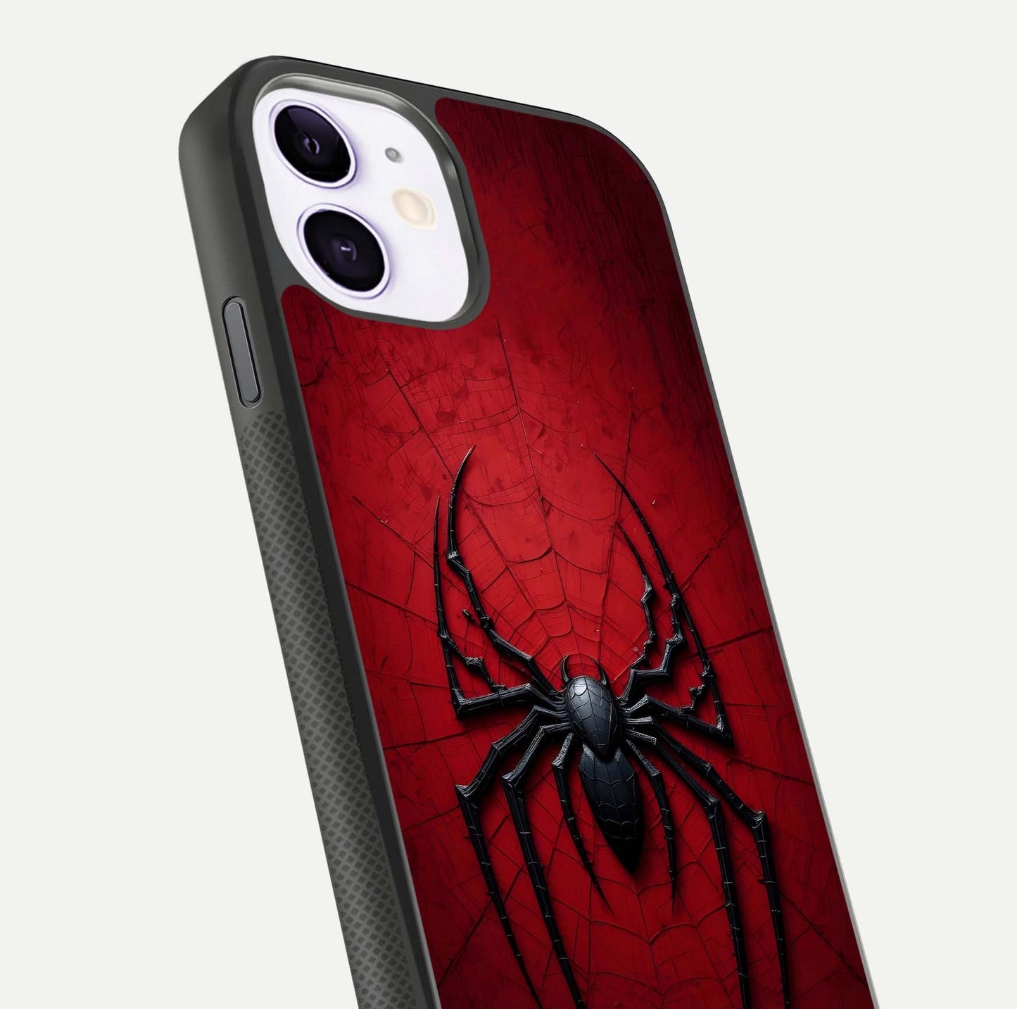 Venom Web Emblem Glass Case for iPhone 11 close-up angled shot highlighting sharp logo lines and reflection