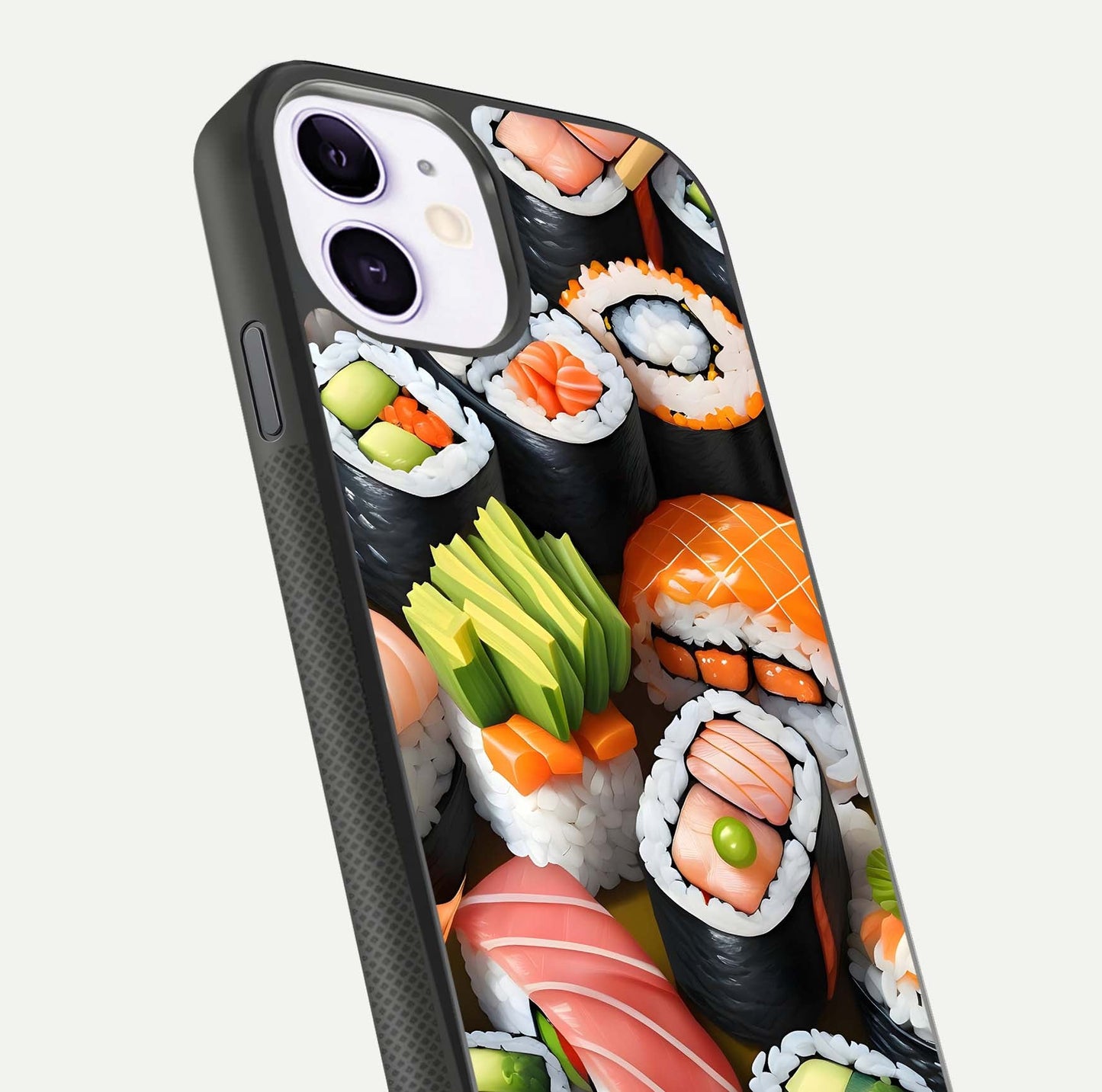 Sushi Food Pattern Glass Case for iPhone 11 close-up angled shot highlighting colorful sushi prints and reflection