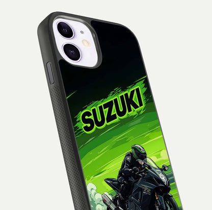 Suzuki Speed Beast Glass Case for iPhone 11 close-up angled shot highlighting bold tones and reflection
