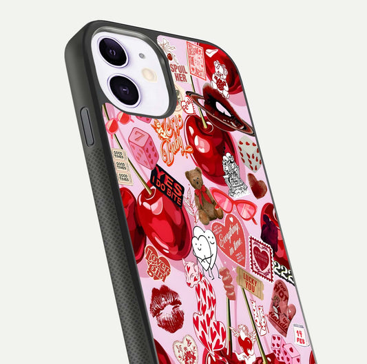 Sweet Cherry Chaos Glass Case for iPhone 11 close-up angled shot highlighting red tone contrast and reflection
