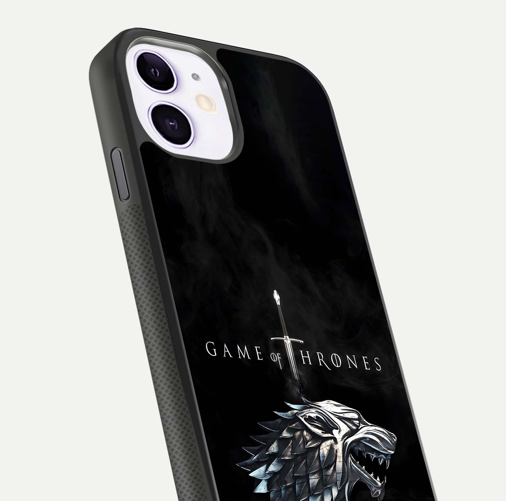 Throne Wolf Legacy Glass Case for iPhone 11 close-up angled shot highlighting fur texture and reflection