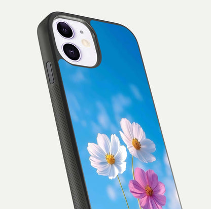 Triple Flowers With Sky Glass Case for iPhone 11 close-up angled shot highlighting petal and reflection details