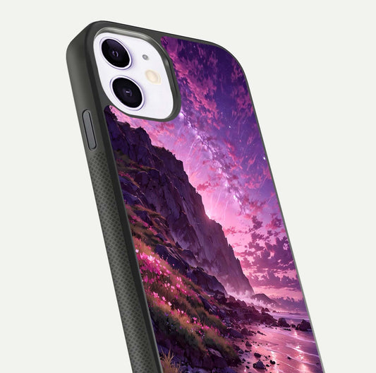 Twilight Blossom Coast Glass Case for iPhone 11 close-up angled shot highlighting gradient sky and reflection