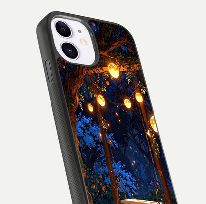 Twilight Garden Swing Glass Case for iPhone 11 close-up angled shot highlighting floral tones and reflection