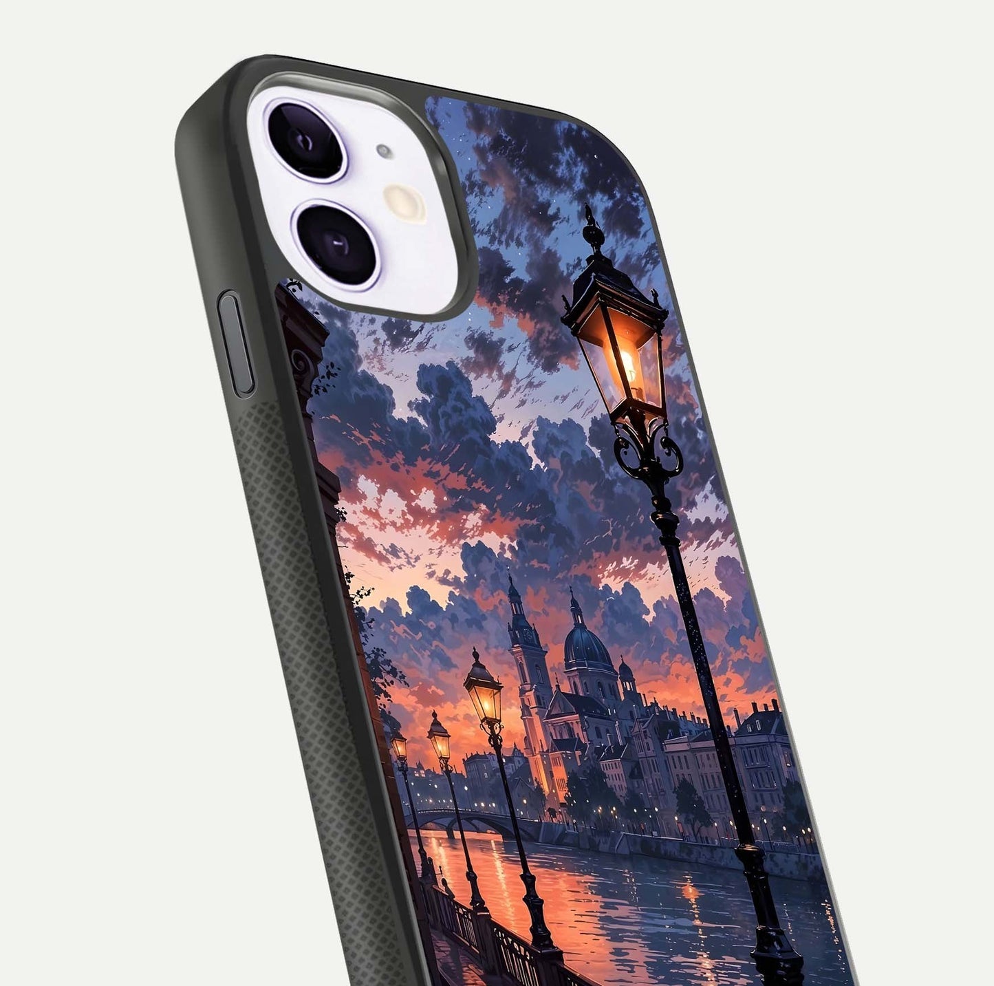 Twilight River Lights Glass Case for iPhone 11 close-up angled shot highlighting river reflections and color tones