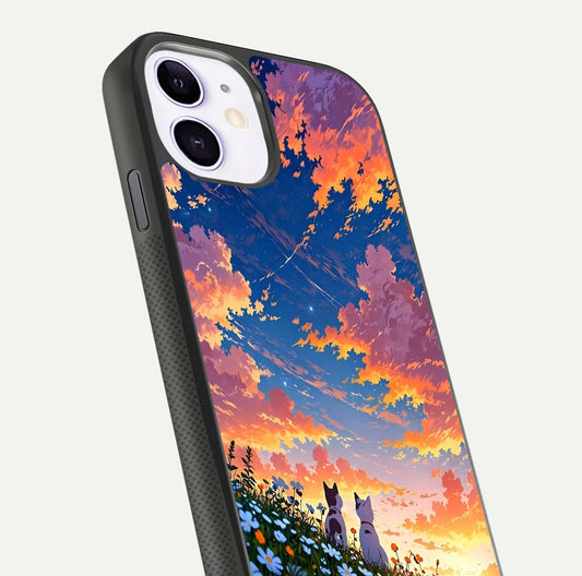 Two Cats Friends Glass Case for iPhone 11 close-up angled shot highlighting cat illustrations and soft reflection