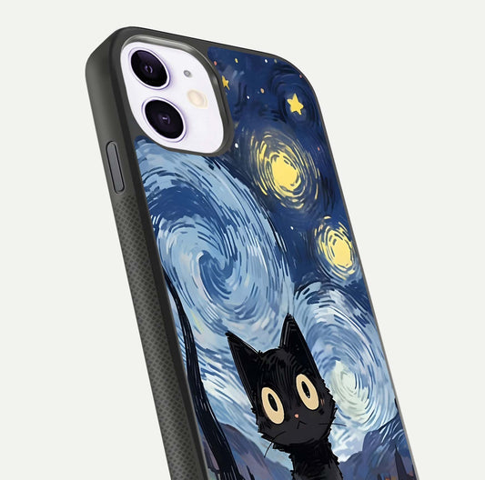 Van Gogh Cat Glass Case for iPhone 11 close-up angled shot highlighting brushstroke texture and reflection