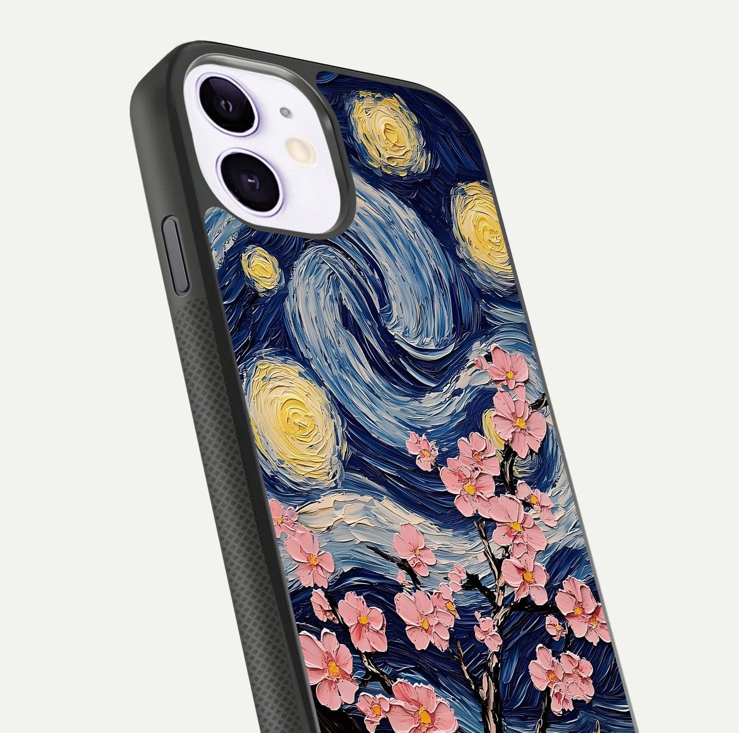 Van Gogh Scenery Glass Case for iPhone 11 close-up angled shot highlighting brushwork texture and color depth