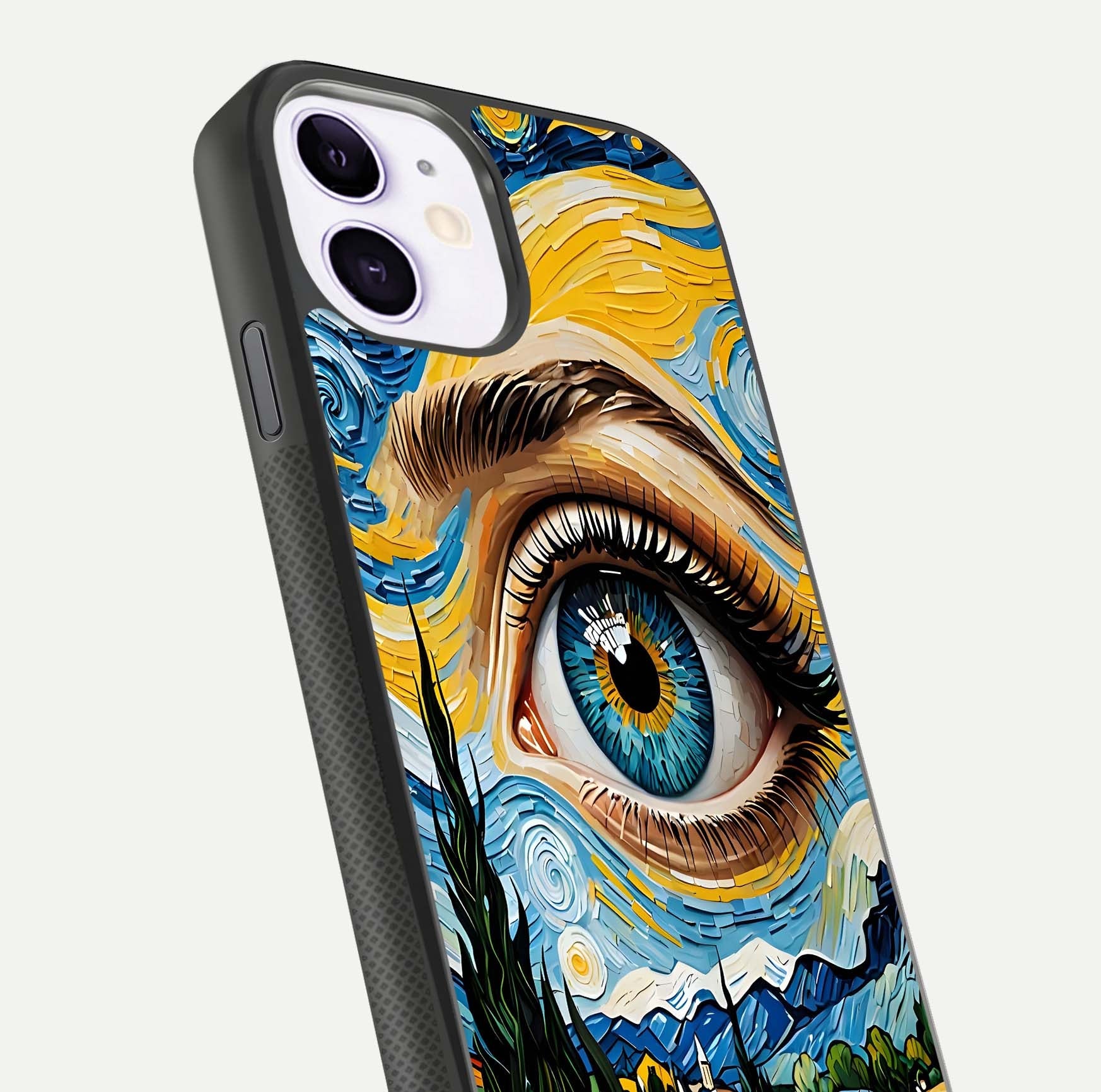 Van Gogh Eye Glass Case for iPhone 16 Pro close-up angled shot highlighting color blend and gloss reflection