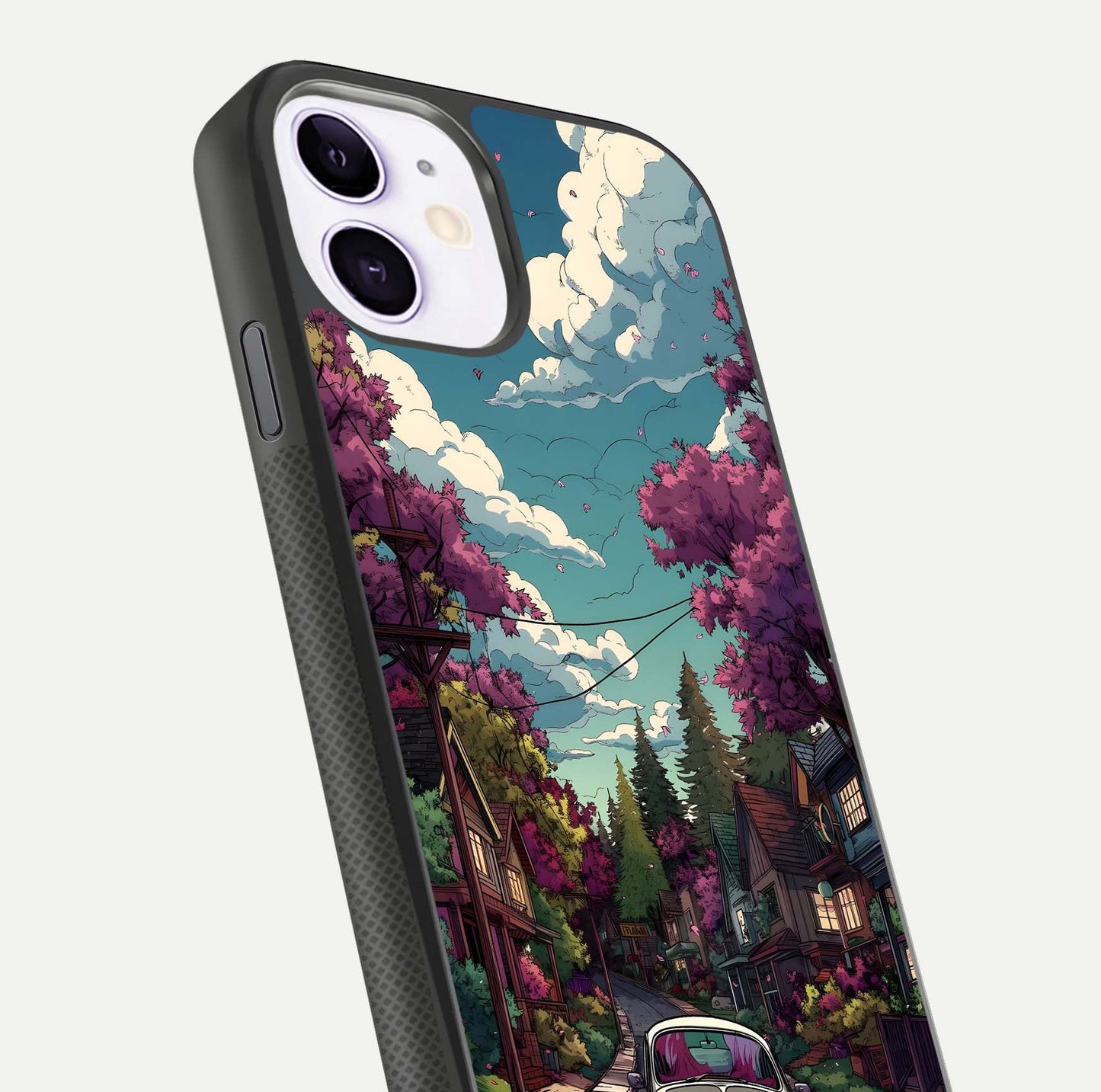 Vintage Street Drive Glass Case for iPhone 11 close-up angled shot highlighting vintage tones and reflection