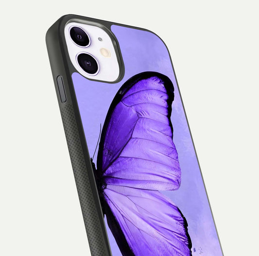 Violet Dream Wing Glass Case for iPhone 11 close-up angled shot highlighting wing texture and reflection