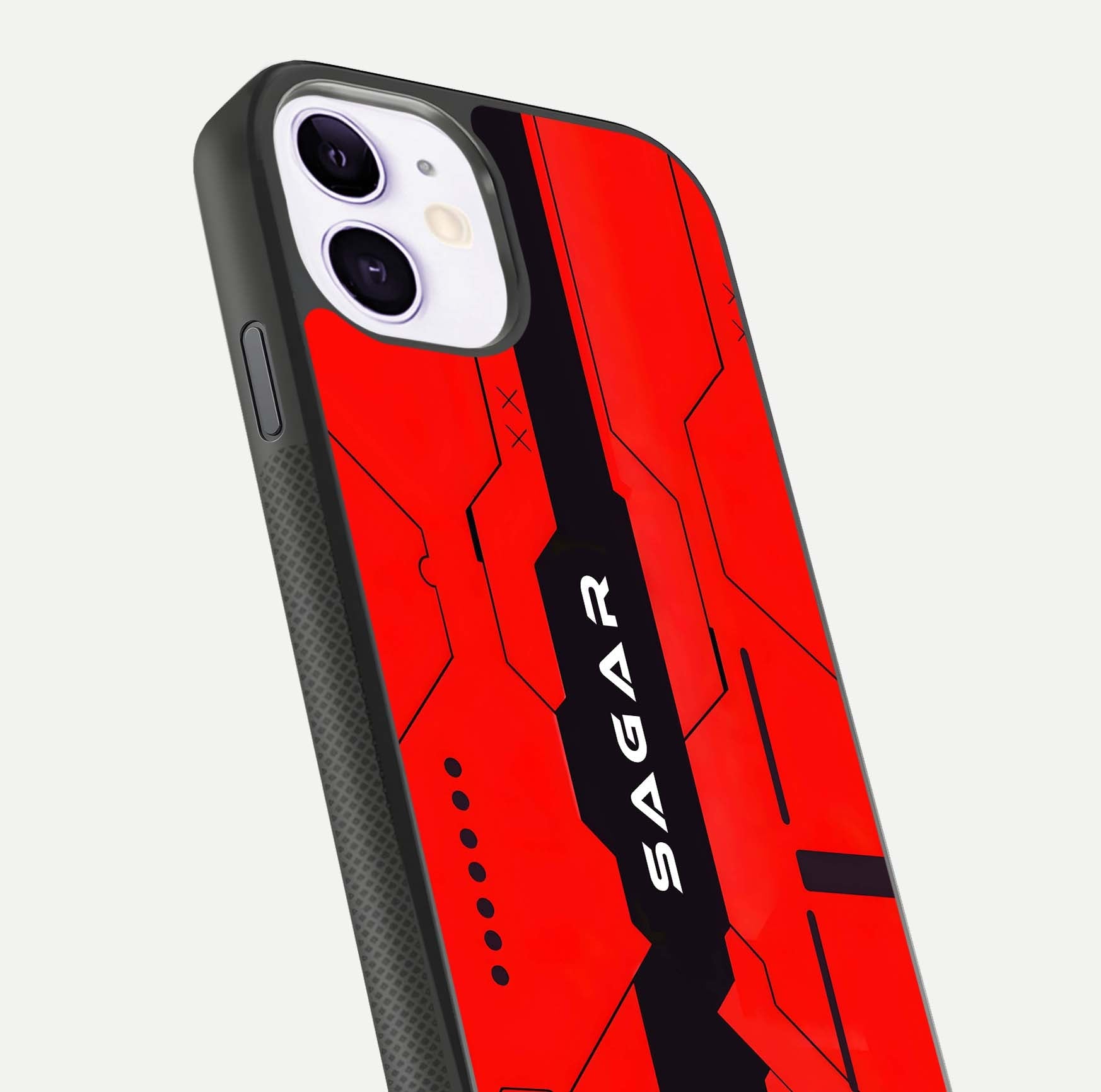 Voltage Rise CYBERPUNK Custom Name Glass Case for iPhone 11 close-up angled shot highlighting neon glow and reflection
