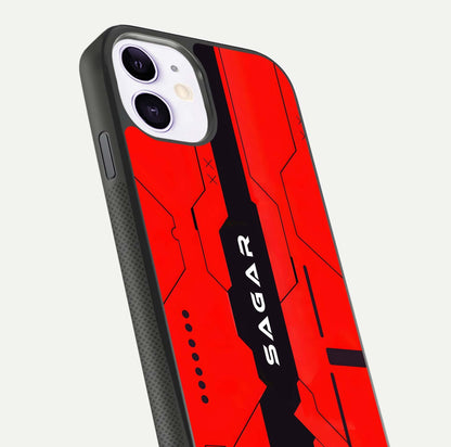 Voltage Rise CYBERPUNK Custom Name Glass Case for iPhone 11 close-up angled shot highlighting neon glow and reflection