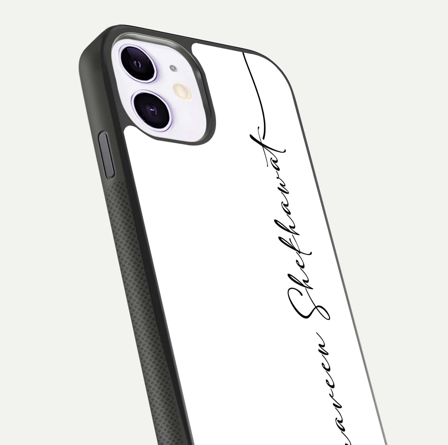 White Tune Custom Name Glass Case for iPhone 11 close-up angled shot highlighting gloss reflection and texture
