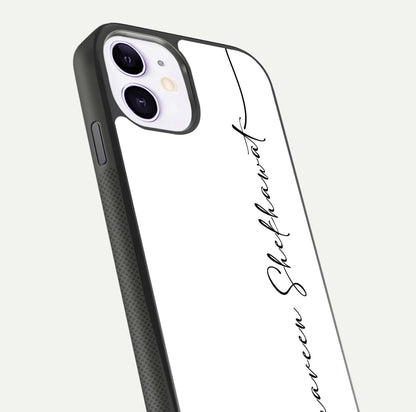 White Tune Custom Name Glass Case for iPhone 11 close-up angled shot highlighting gloss reflection and texture
