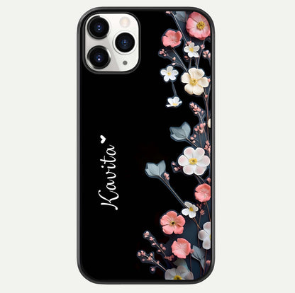 Black Elegance Floral Custom Name Glass Case For iPhone 16 Pro by Custom World