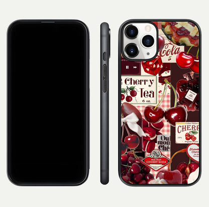 Aesthetic Cherry Tea Glass Case for iPhone 16 Pro front and back view layout showing black front display and artistic cherry-themed glass back