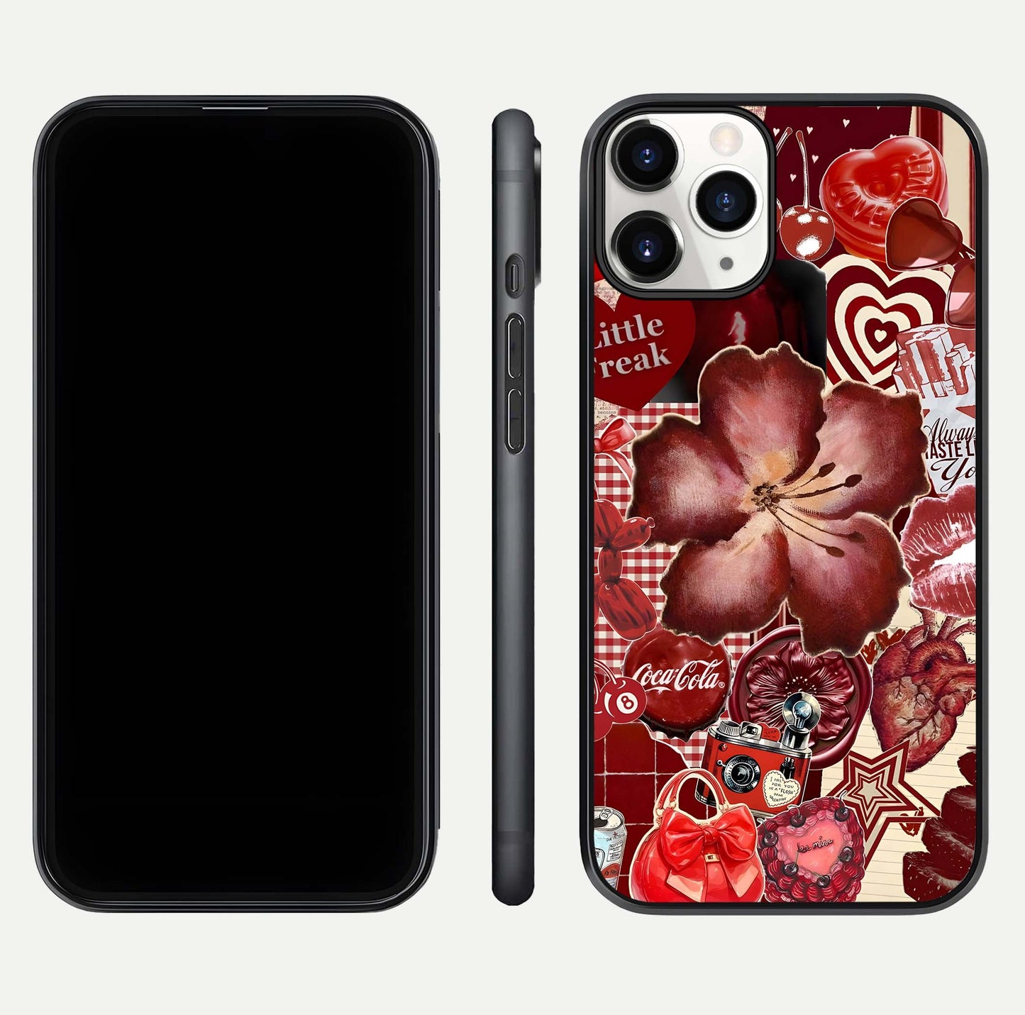 Aesthetic Little Freak Glass Case for iPhone 16 Pro front and back view layout showing black front display and trendy collage glass back