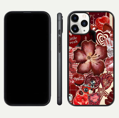 Aesthetic Little Freak Glass Case for iPhone 16 Pro front and back view layout showing black front display and trendy collage glass back