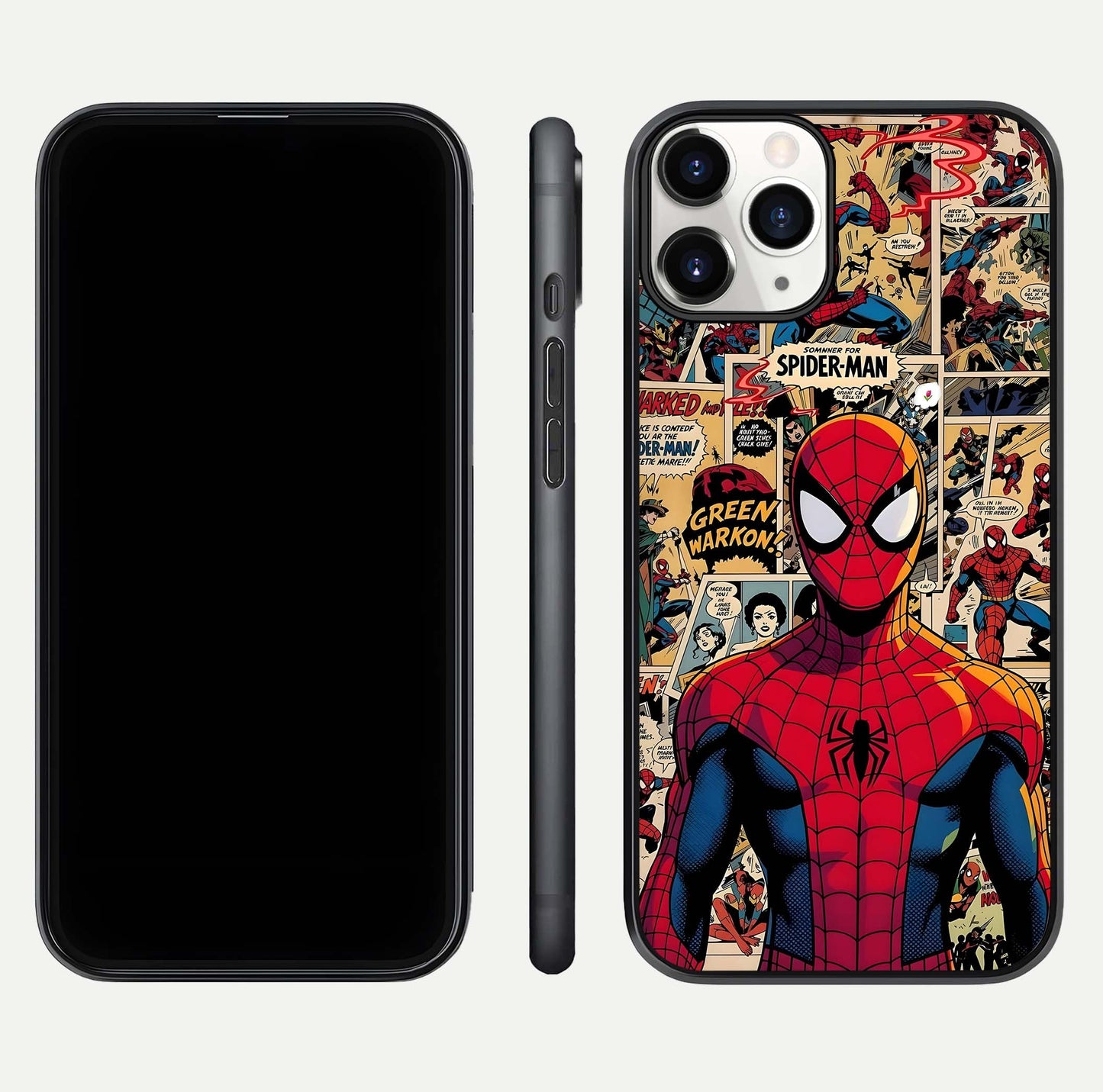 Aesthetic Spider Man Glass Case for iPhone 16 Pro front and back view layout showing black front display and Spider-Man art glass back