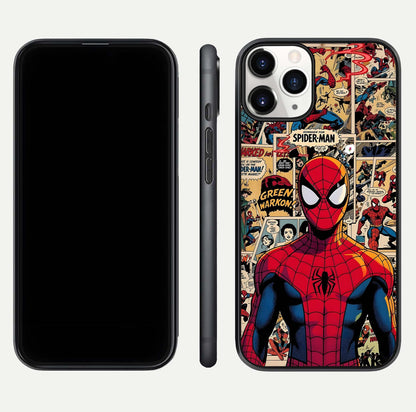 Aesthetic Spider Man Glass Case for iPhone 16 Pro front and back view layout showing black front display and Spider-Man art glass back