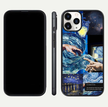 Aesthetic Vando Hands Glass Case for iPhone 16 Pro front and back layout highlighting camera cutout and premium glass shine