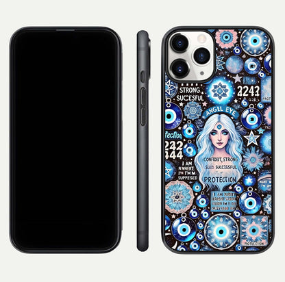 Angel Aura Shield Glass Case for iPhone 16 Pro front and back display highlighting glass clarity and spiritual design