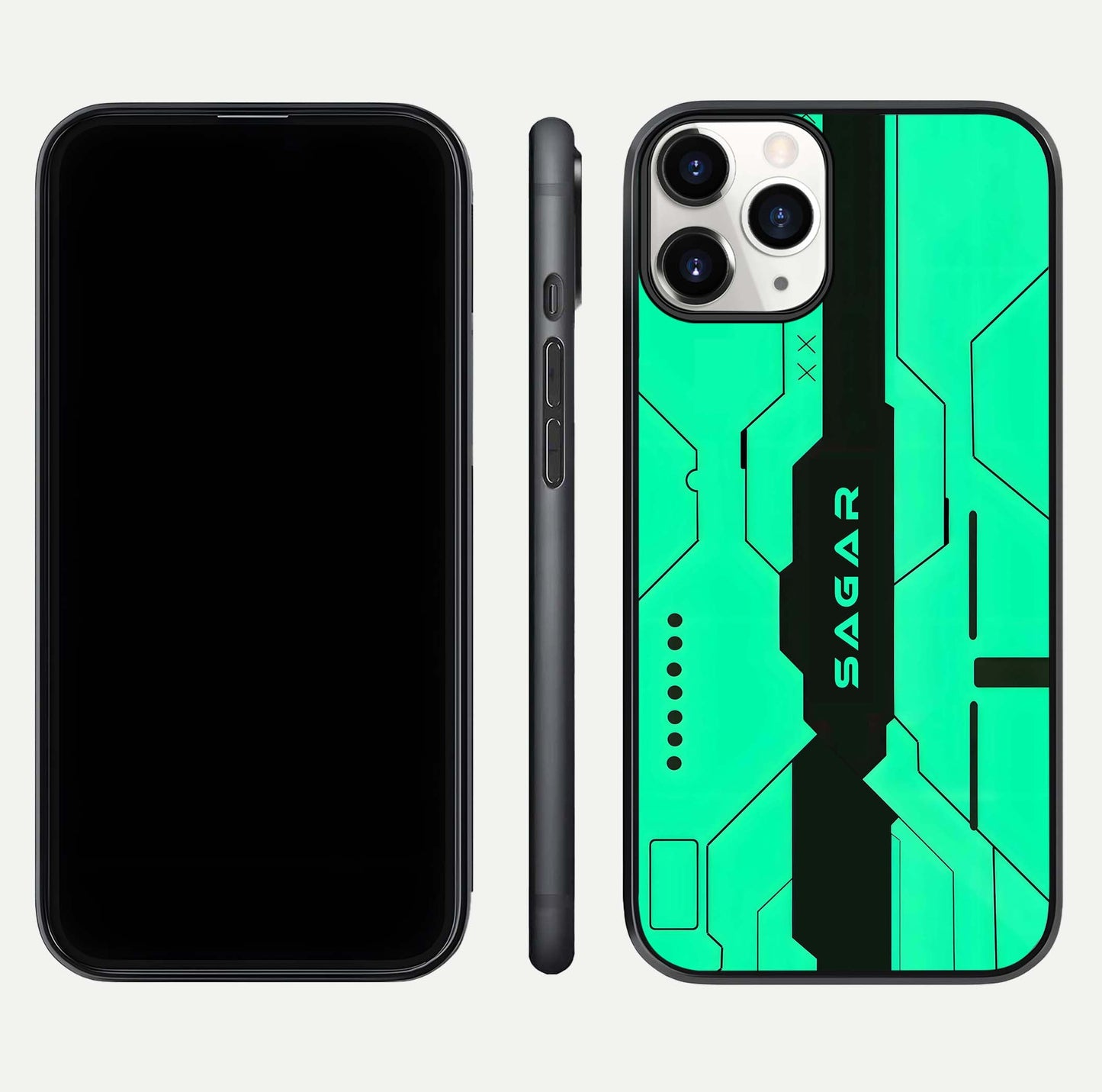 Aqua Tech CYBERPUNK Custom Name Glass Case for iPhone 16 Pro front and back display showing sleek tech pattern and shine
