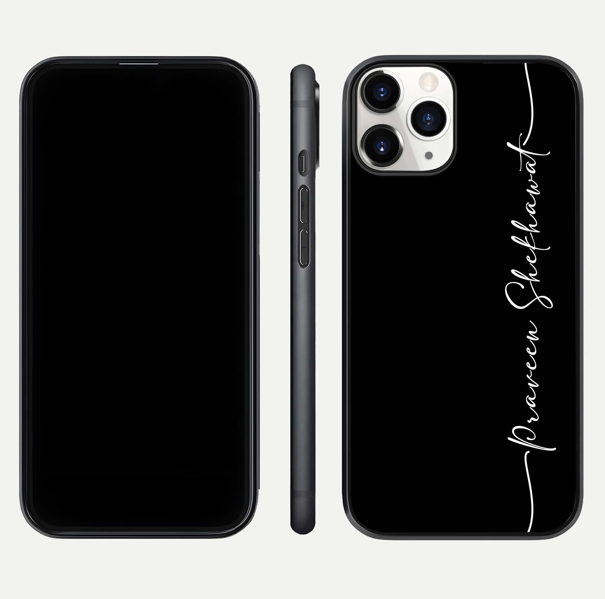 Black Tune Custom Name Glass Case for iPhone 16 Pro front-and-back layout showing personalized name zone and edges