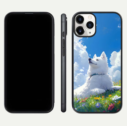 Blissful Cloud Pup Glass Case for iPhone 16 Pro front-and-back layout showing art alignment and edge design