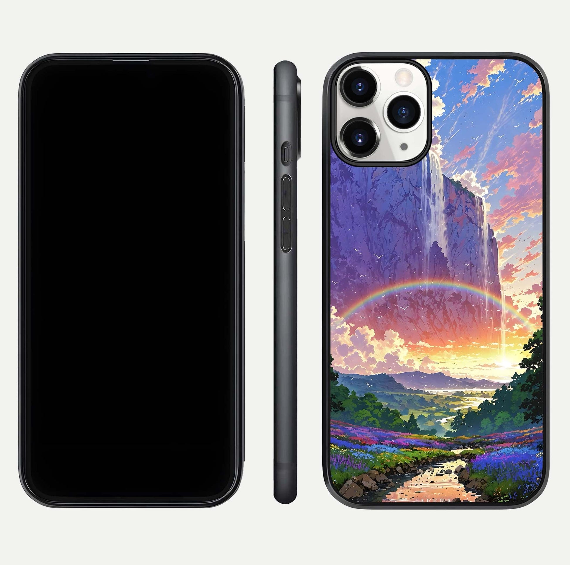 Rainbow Valley Dream Glass Case for iPhone 16 Pro front & back layout showing smooth color blend and curved edge