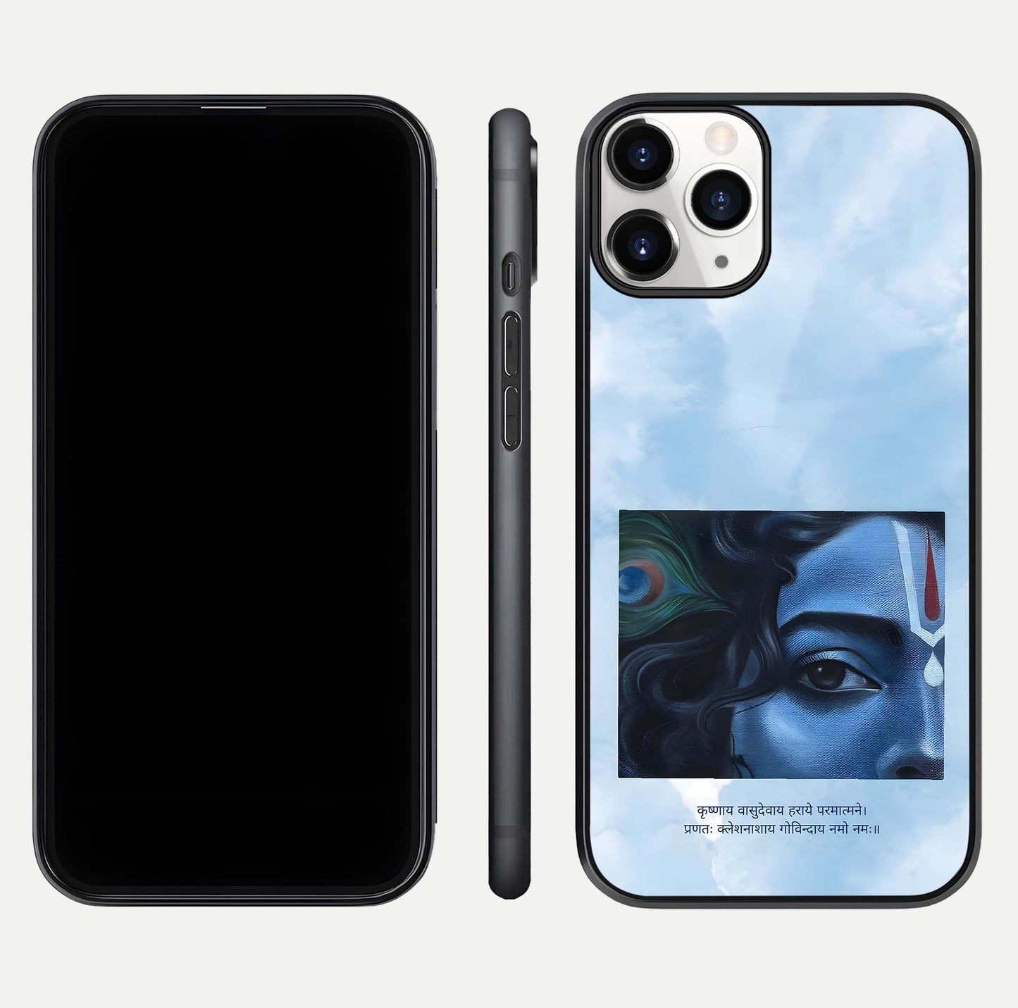 Spiritual Krishna Glass Case for iPhone 16 Pro front & back layout showing spiritual artwork and clean edge