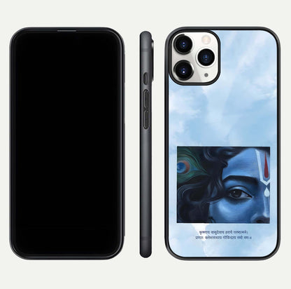 Spiritual Krishna Glass Case for iPhone 16 Pro front & back layout showing spiritual artwork and clean edge