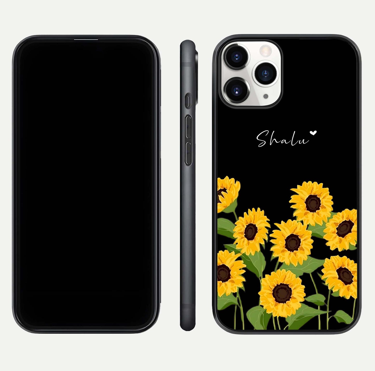 Sunflower Chic Mood Custom Name Glass Case for iPhone 16 Pro front & back layout highlighting custom text zone and shine