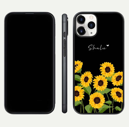 Sunflower Chic Mood Custom Name Glass Case for iPhone 16 Pro front & back layout highlighting custom text zone and shine
