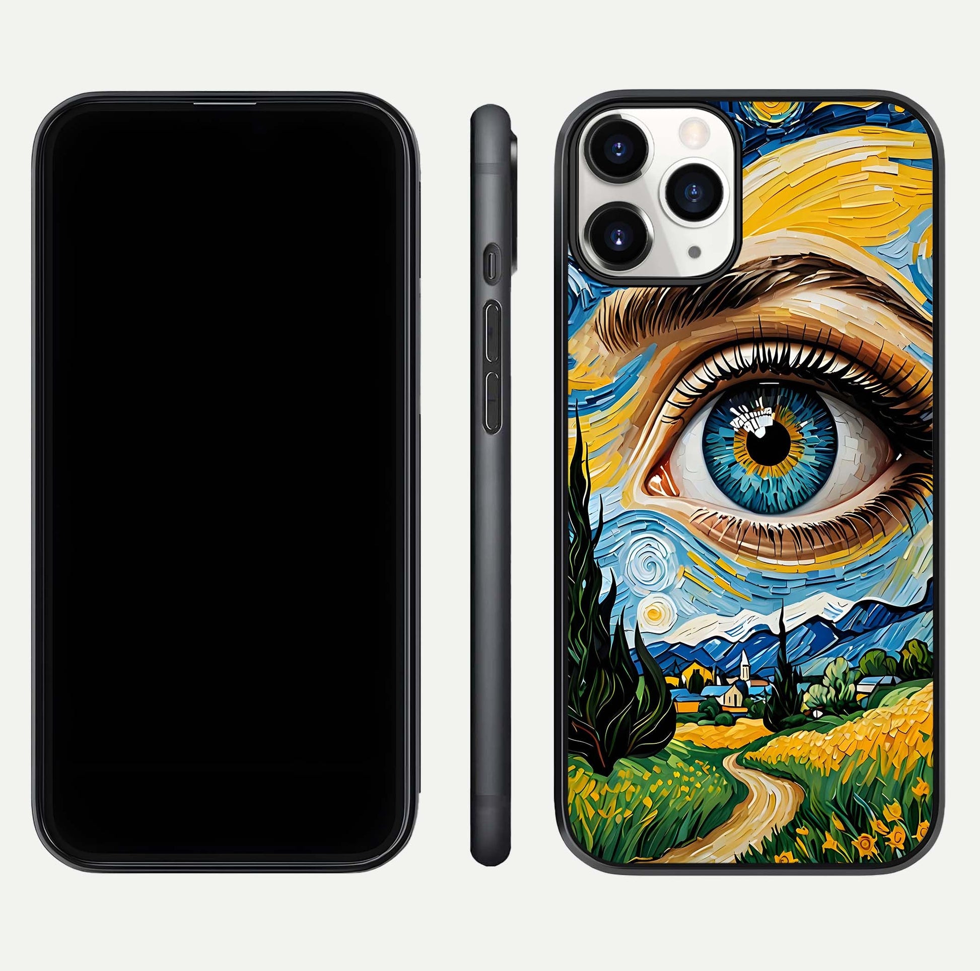 Van Gogh Eye Glass Case for iPhone 16 Pro front & back layout showing brushstroke detail and smooth finish
