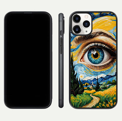 Van Gogh Eye Glass Case for iPhone 16 Pro front & back layout showing brushstroke detail and smooth finish
