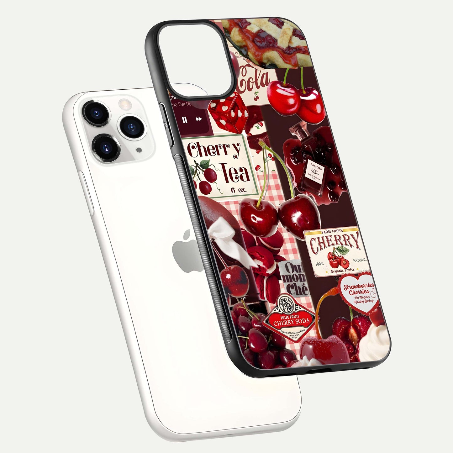 Aesthetic Cherry Tea Glass Case for iPhone 16 Pro floating dual-view mockup showing edge design and detailed cherry pattern gloss texture
